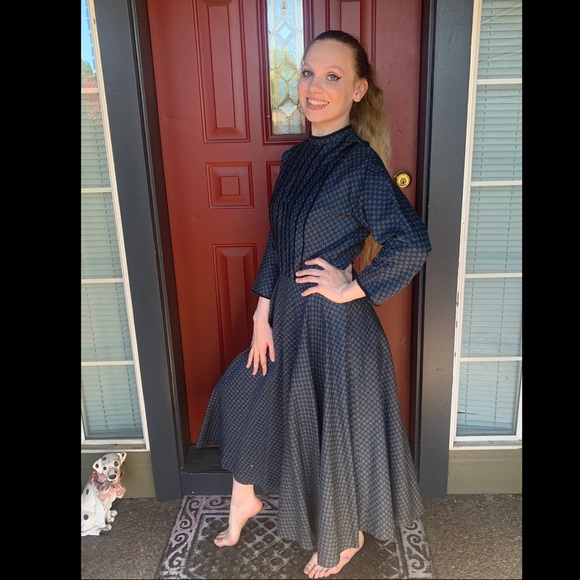 1950s L’AIGLON Dress Blue Mid Century Classic Dress Cotton Fit and Flare Large - Picture 5 of 9